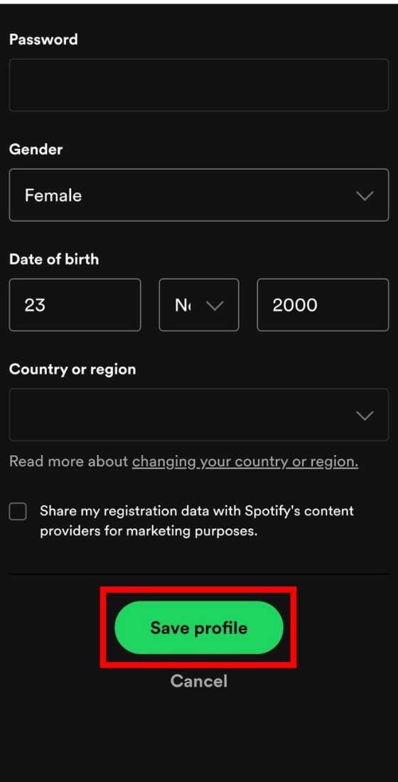 Mobile browser spotify edit profile save profile button