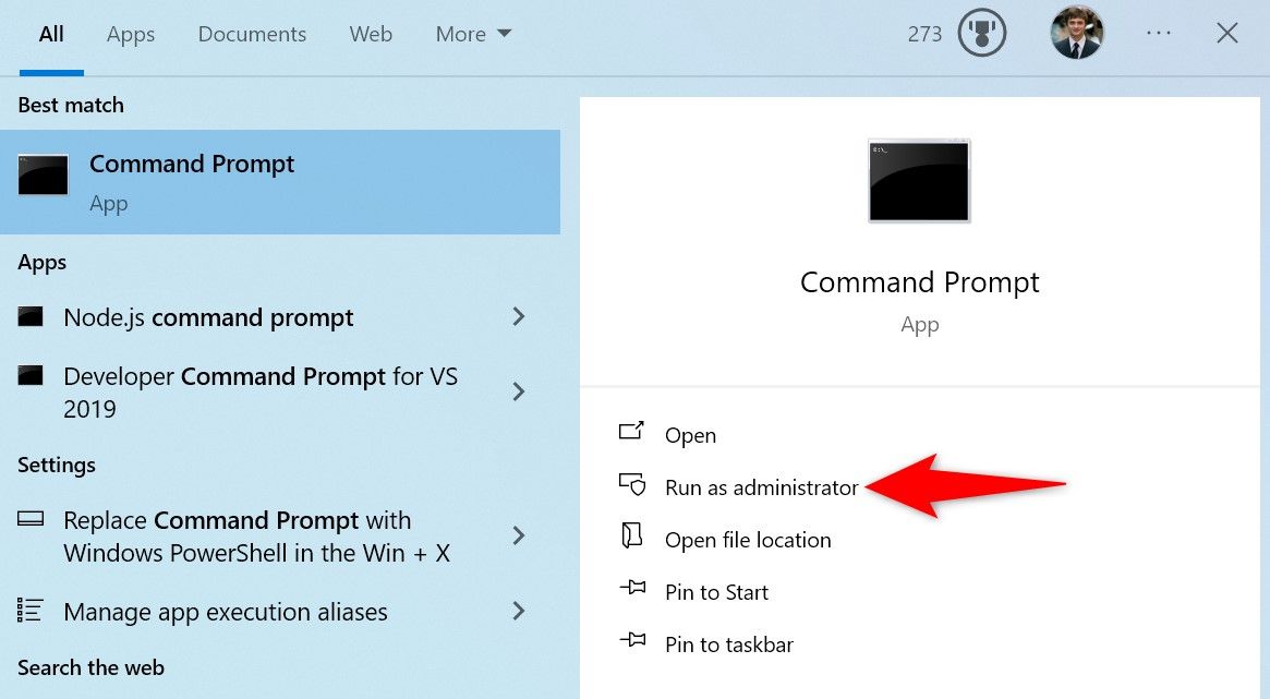 'Run as Administrator' highlighted for Command Prompt in the Start Menu.