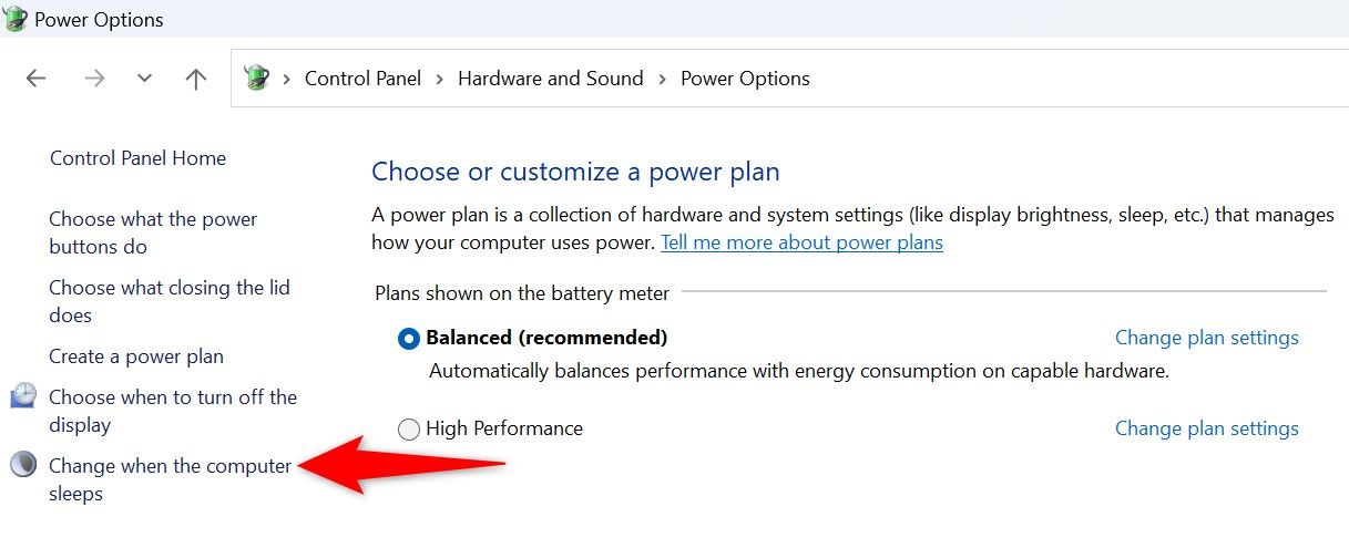 'Change When the Computer Sleeps' highlighted in Control Panel.