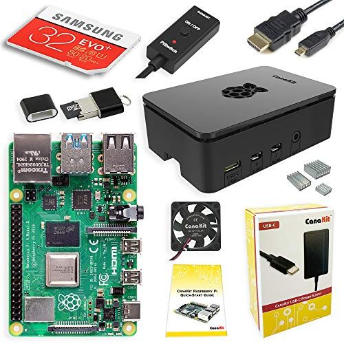 Raspberry Pi 4 starter kit on a white background.