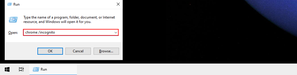 Starting Chrome in incognito mode from a Run window. 
