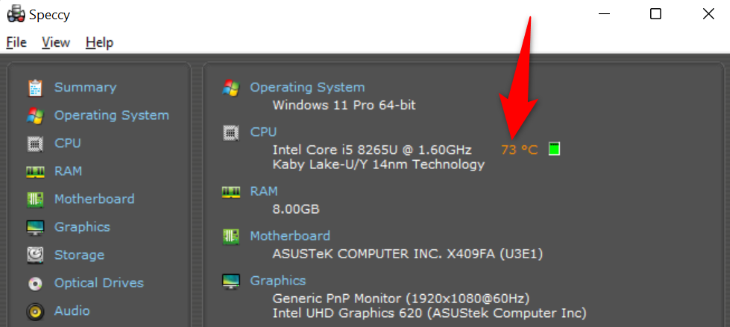 View the overall CPU temp in Speccy.