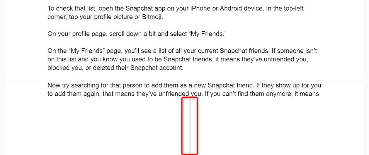 A vertical line highlighted in a Google Docs document.