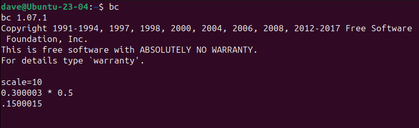 bc only displays the decimal places it needs. Setting scale to 10 will not force 10 decimal places to be used. If an answer requires fewer decimal places, they're the only ones that are displayted.