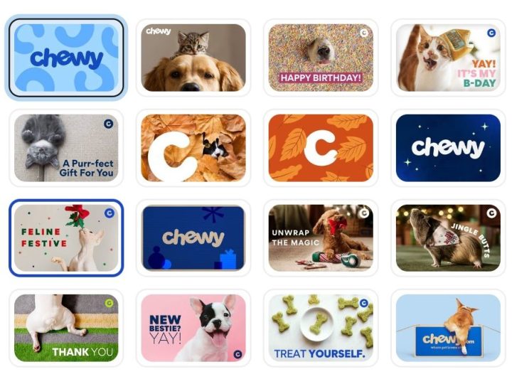 An array of Chewy gift cards.