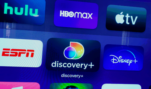 Discovery+ app icon on Apple TV homescreen.