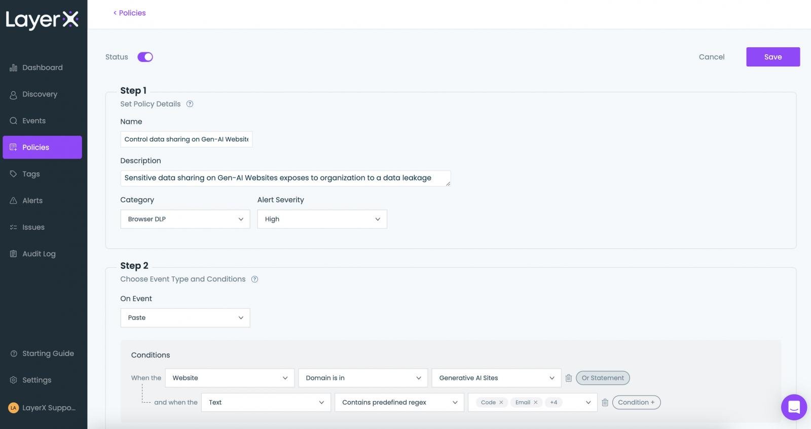 Figure 10: The LayerX policy screen, setting a condition during policy configuration