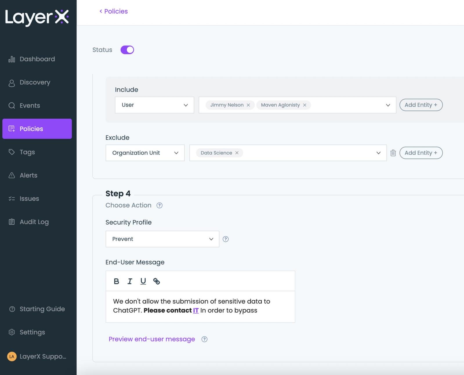 Figure 11: The LayerX policy screen, setting an action during policy configuration