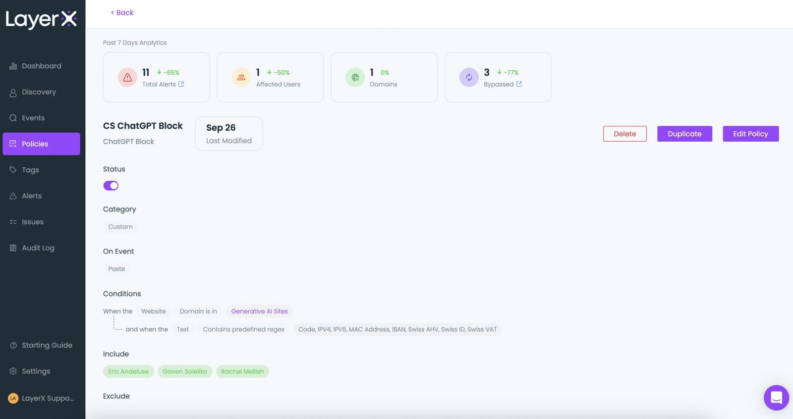 Figure 12: LayerX policy screen, a single policy page 