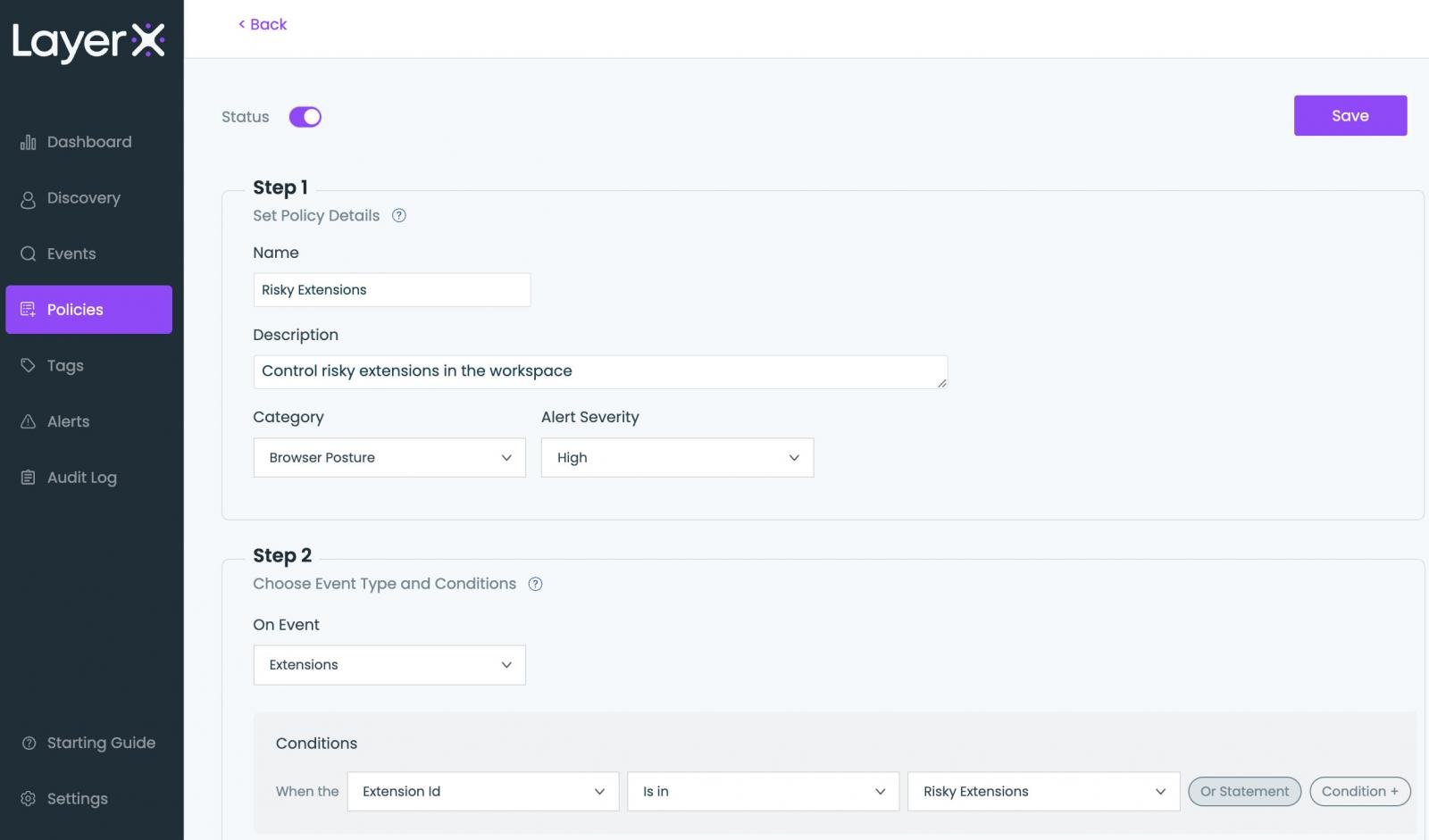 Figure 8: The LayerX Policies screen, risky extension policy configuration