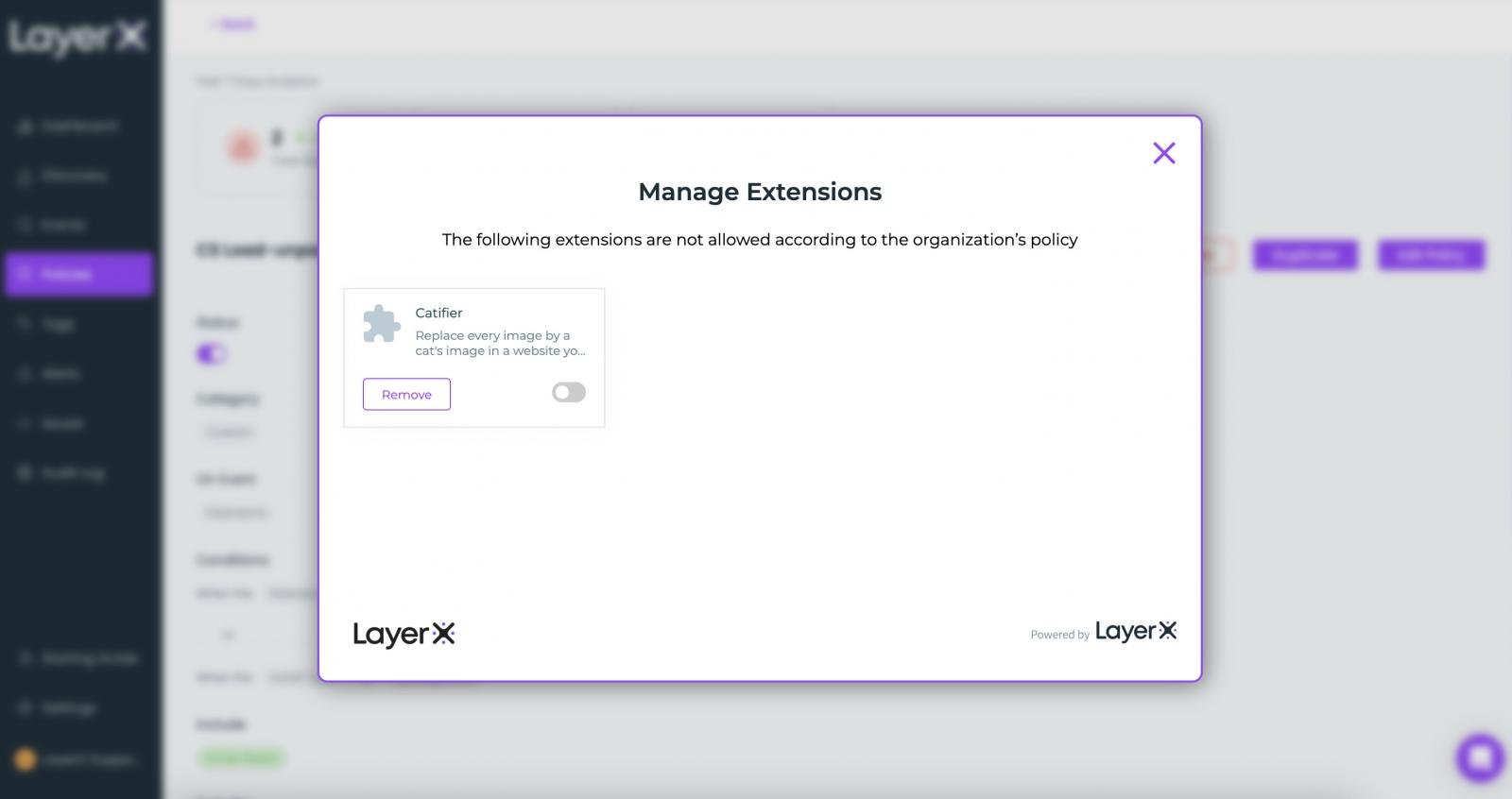 Figure 9: LayerX policy action, pop up upon risky extension installation