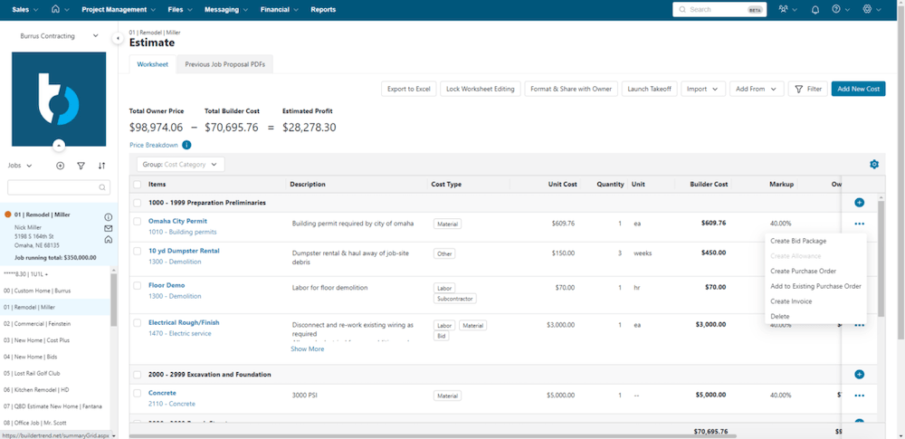 Buildertrend cost management estimate