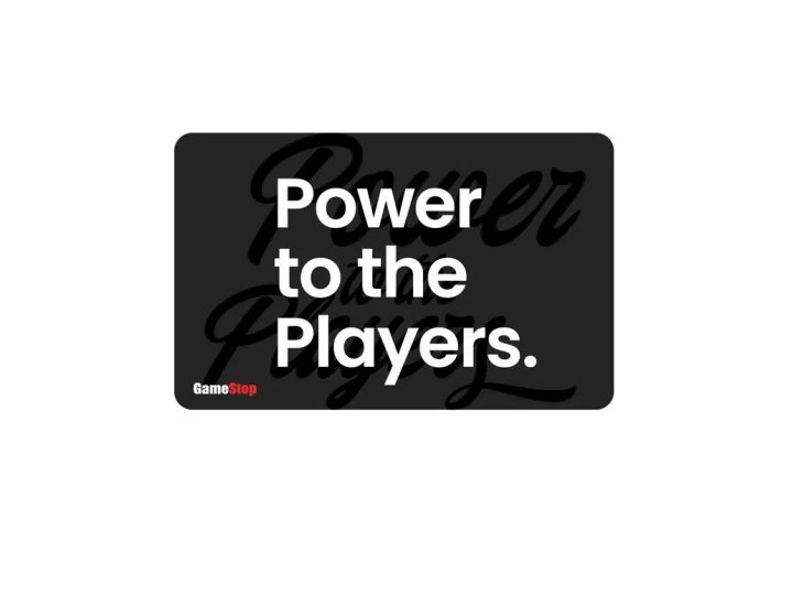 A GameStop gift card that says "Power to the Players." on the front.