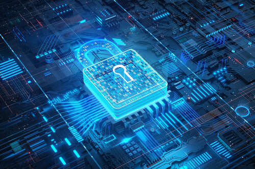 Lock over computer circuit board meant to illustrate security in a digital context.