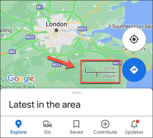 An example of the Google Maps scale bar in the Google Maps app on Android, showing both kilometers and miles.