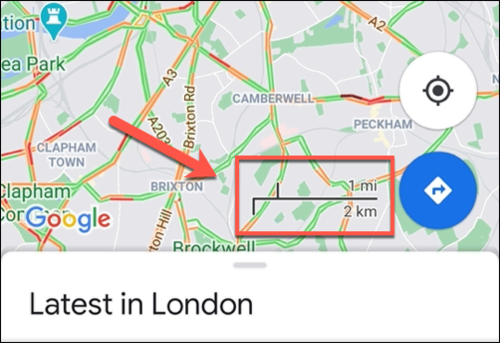 An example of the Google Maps scale bar on Android, showing the always-on scale.