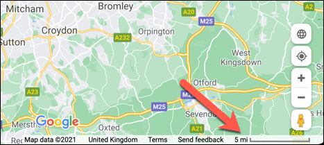 The Google Maps scale in a web browser, showing the map scale in miles.