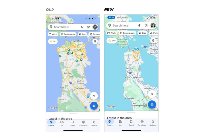 Comparison of Google Maps old and new color schemes in 2023.