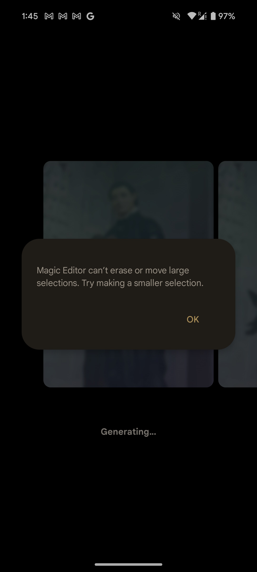 Google Photos Magic Editor Error on editing large selection