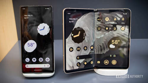 Google Pixel 7a and Pixel Fold opened up on table 1