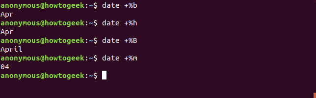 Output of the date command with b h B m options