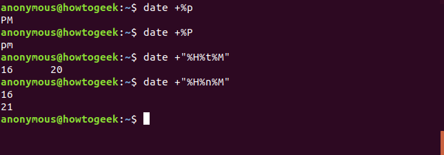 Output of the date command with AM PM indicator and formatting options