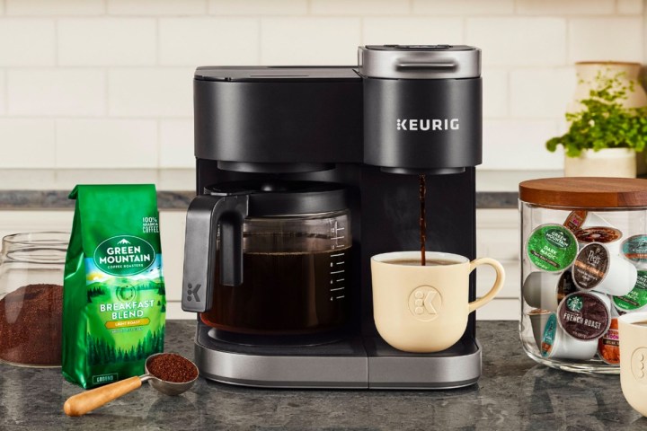 The Keurig K-Duo coffee maker sets on a kitchen counter.