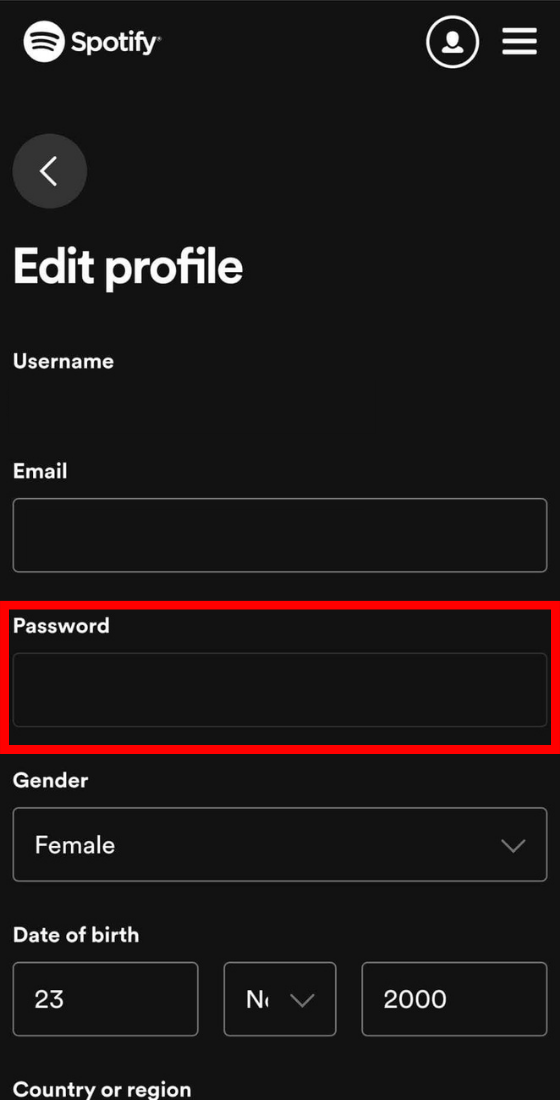 Mobile browser spotify edit profile password