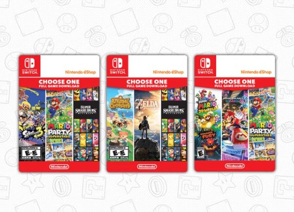 Three examples of Nintendo eShop Choose One gift cards.