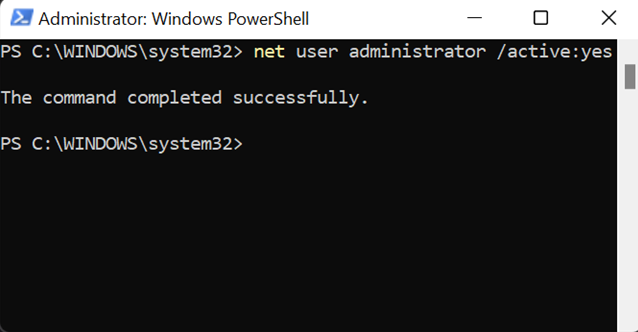 PowerShell showing administrator account enabled