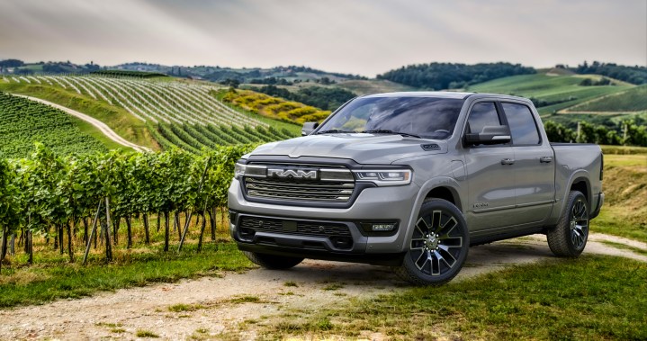 A 2025 Ram 1500 Ramcharger sits in a vineyard.