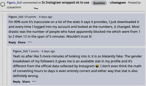 Complaints regarding Wrapped for Instagram app 3.