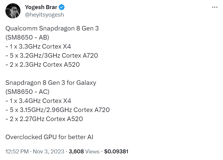 Snapdragon 8 Gen 3 for Galaxy leak