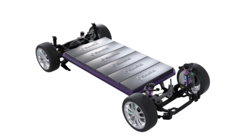 A rendering of a StoreDot battery pack on a rolling EV chassis