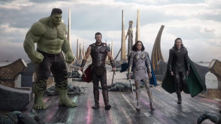 The Hulk, Thor, Valkyrie, and Loki in Asgard in "Thor: Ragnarok."