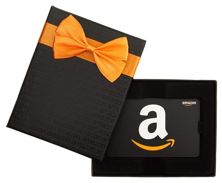 Amazon gift card in a black box with orange ribbon.