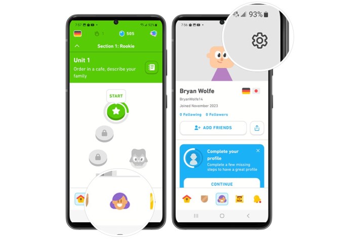 Screenshot showing how to bring up settings in the Duolingo app for Android. 