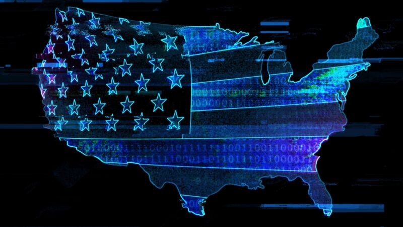 Illustration of a US map with ones and zeroes to represent data. There are also stars on the left that cause the map to resemble a United States flag.