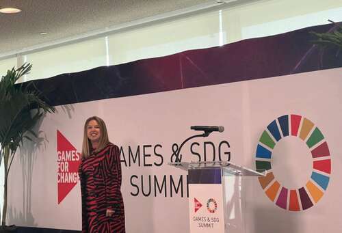 Susanna Pollack, president of Games for Change, opens the 2023 event at the UN.