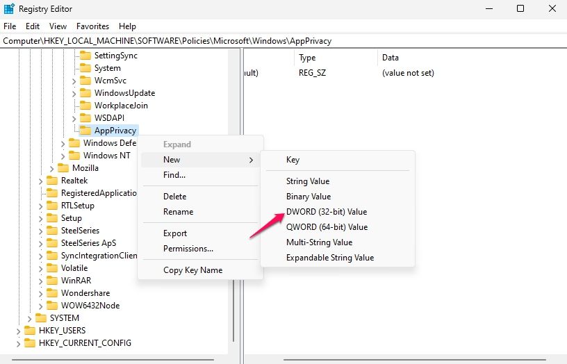 Create new DWORD value under AppPrivacy key