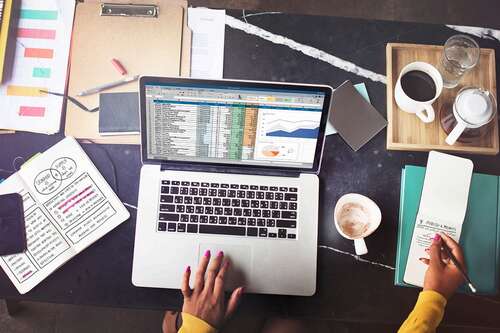 data scientist working on a laptop with a spreadsheet open