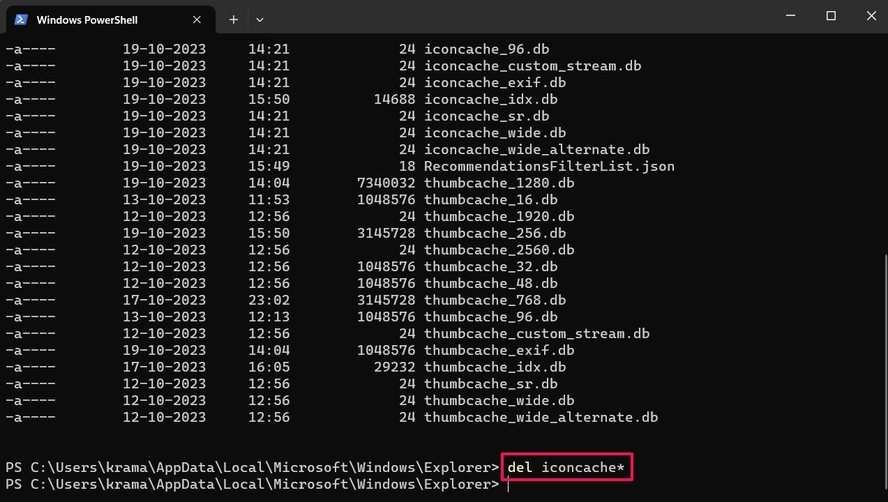 del iconcache command in Windows Terminal