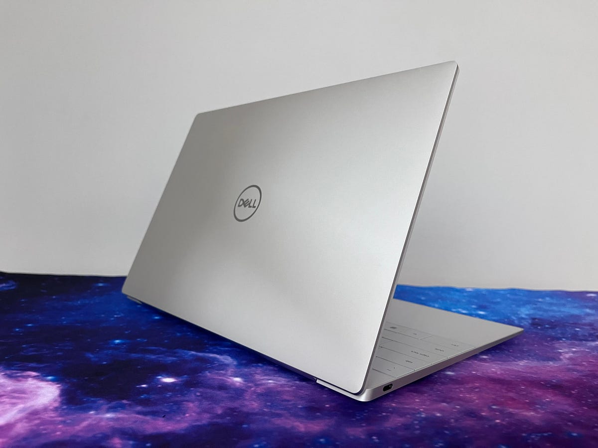 Dell XPS 13 Plus laptop turned to show the silver lid