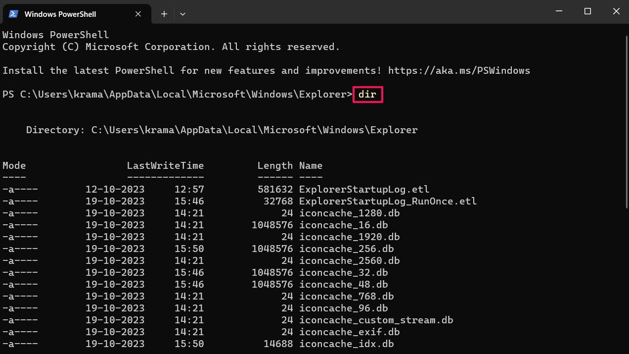 dir command in Windows Terminal