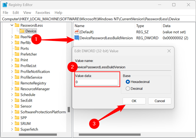 Double-click the "DevicePasswordLessBuildVersion," change the value to 0, then click "OK."