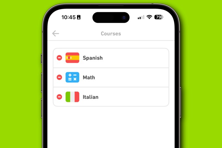 The Duolingo app showing how to remove a course/language.