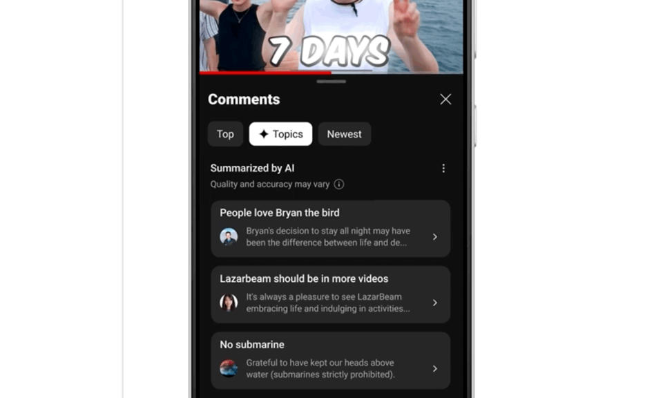 Screenshot from the YouTube mobile app with an AI-powered comment summary feature. It categorizes comments by topic.