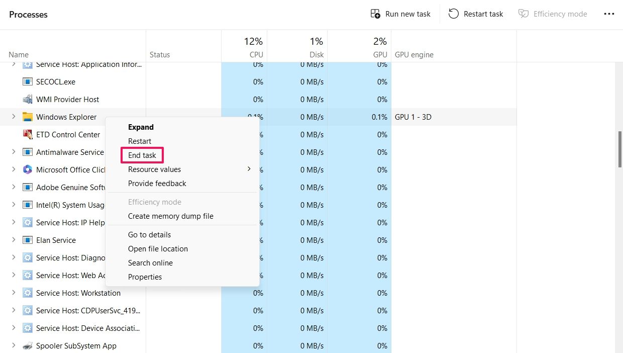 End Task option in task manager