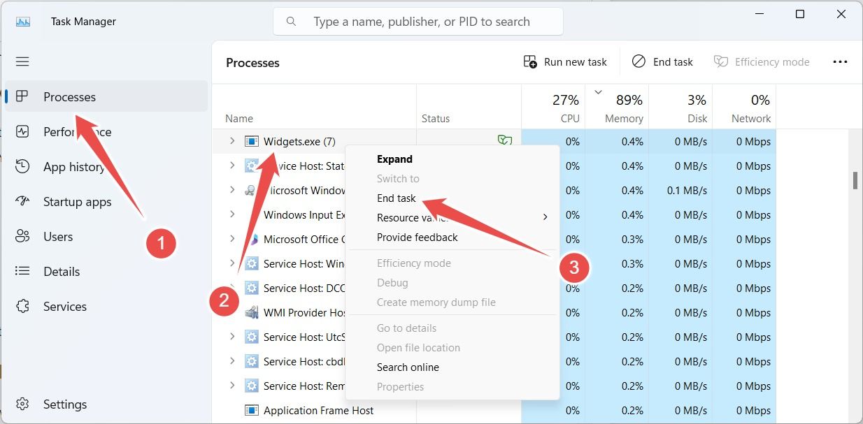 Ending the Widget.exe process in Windows 11